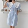 春光甜茶格紋蕾絲領子澎袖洋裝