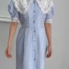 春光甜茶格紋蕾絲領子澎袖洋裝