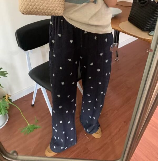 小雛菊刺繡圖案鬆緊腰束口彈性長褲