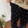 小雛菊刺繡圖案鬆緊腰束口彈性長褲