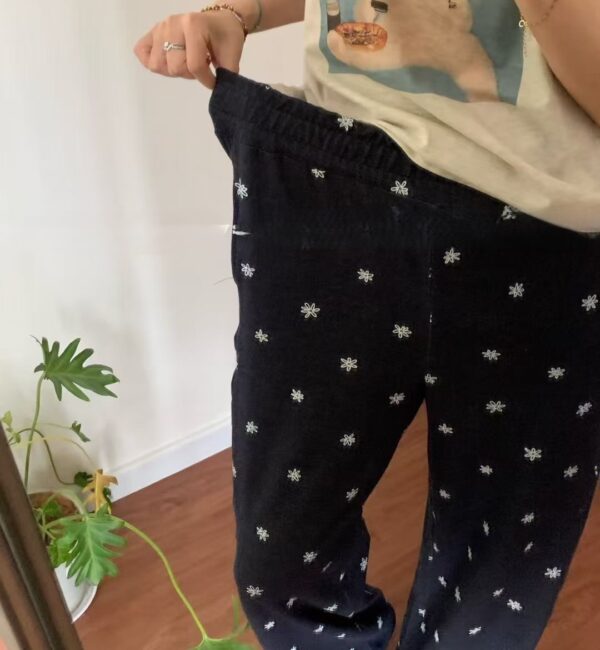 小雛菊刺繡圖案鬆緊腰束口彈性長褲