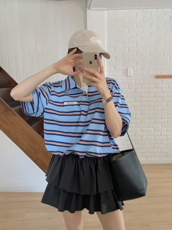 基本款條紋撞色polo領抽繩短版上衣