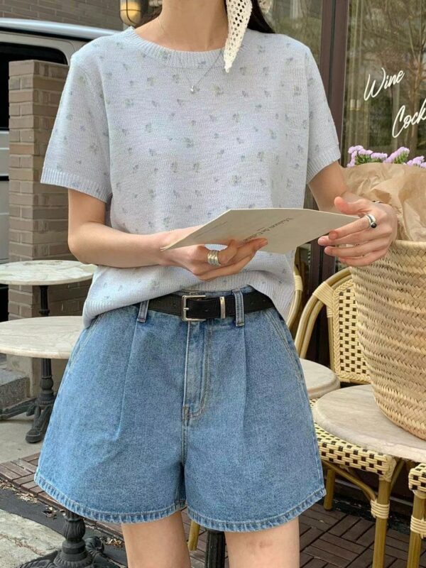 春日呢喃碎花針織短袖上衣