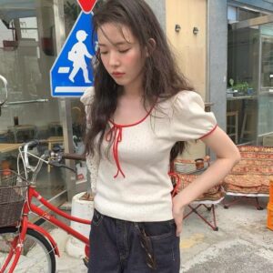 蝴蝶結緞帶配色滾邊短袖T恤