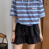 基本款條紋撞色polo領抽繩短版上衣