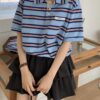 基本款條紋撞色polo領抽繩短版上衣