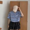 基本款條紋撞色polo領抽繩短版上衣