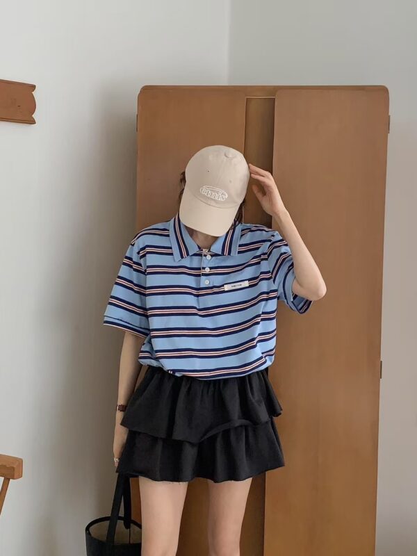 基本款條紋撞色polo領抽繩短版上衣