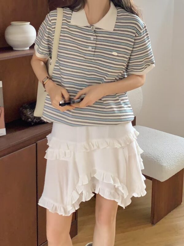 簡約條紋撞色polo領上衣