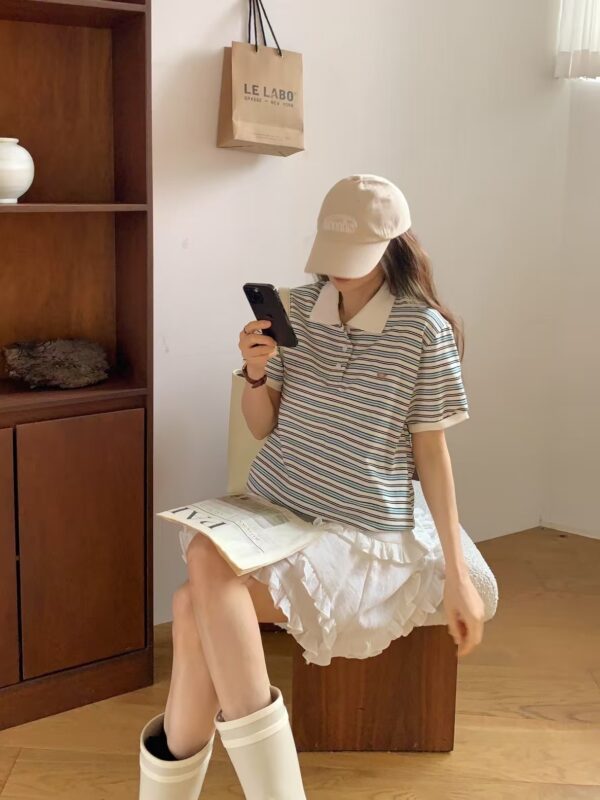 簡約條紋撞色polo領上衣