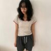 一派輕鬆狀色滾邊碎花圖案短袖上衣