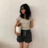 一派輕鬆狀色滾邊碎花圖案短袖上衣