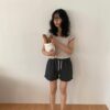 一派輕鬆狀色滾邊碎花圖案短袖上衣