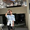 POLO領V領條紋七分袖上衣