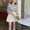 POLO領V領條紋七分袖上衣