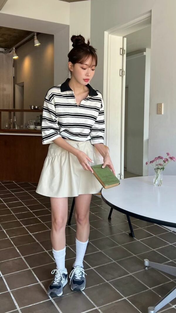 POLO領V領條紋七分袖上衣