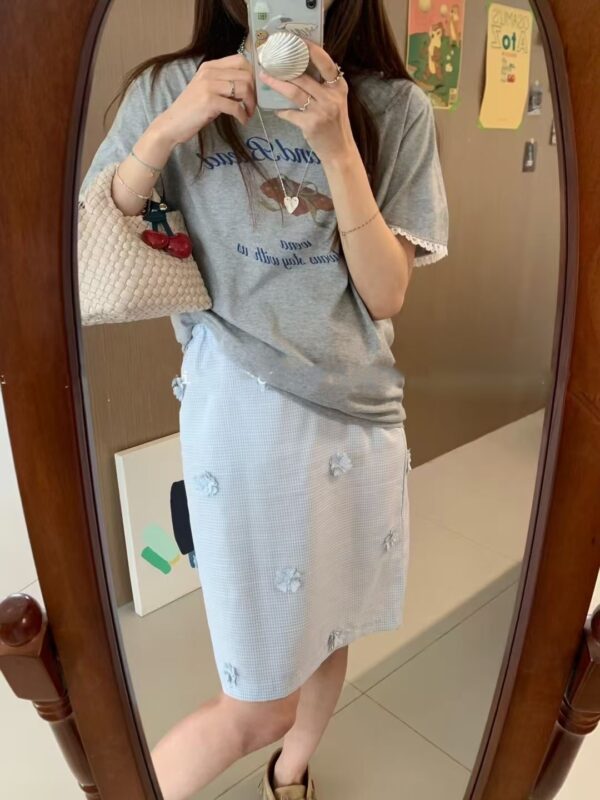 立體小花裝飾鬆緊腰維格紋長裙