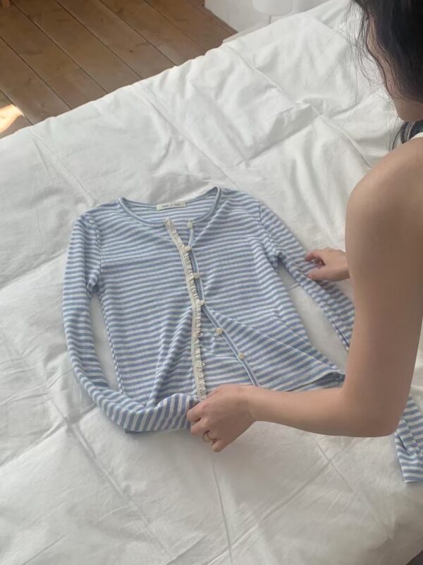 晨曦之詩條紋胸前蕾絲背心+外套SET
