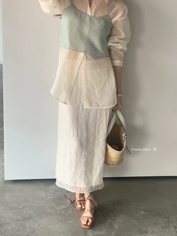 氣質美女皺皺歐根紗長裙