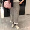 鬆緊腰圍下擺蕾絲格紋長裙