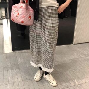 鬆緊腰圍下擺蕾絲格紋長裙