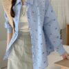 花語綻放花朵刺繡純棉長袖襯衫