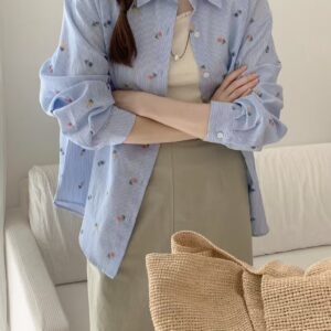 花語綻放花朵刺繡純棉長袖襯衫