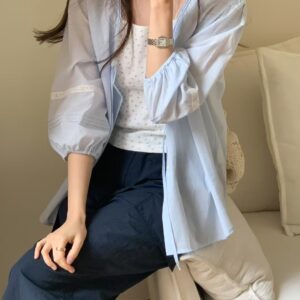 法式浪漫優雅V領七分澎袖襯衫