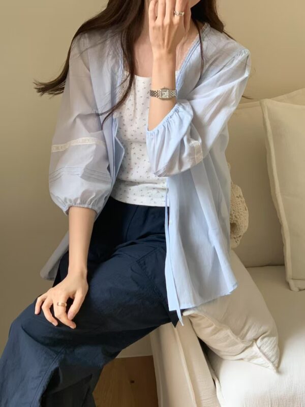 法式浪漫優雅V領七分澎袖襯衫