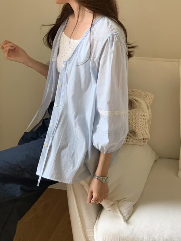 法式浪漫優雅V領七分澎袖襯衫