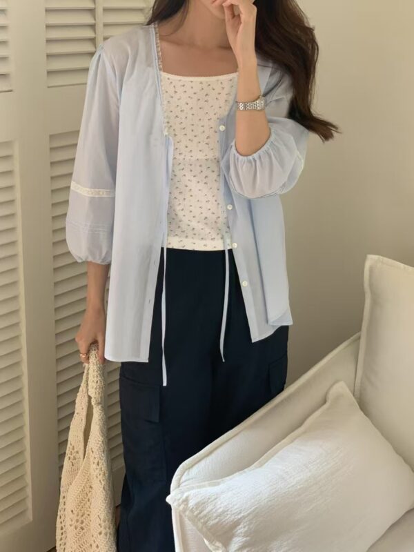 法式浪漫優雅V領七分澎袖襯衫