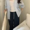 法式浪漫優雅V領七分澎袖襯衫