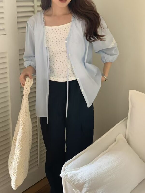 法式浪漫優雅V領七分澎袖襯衫