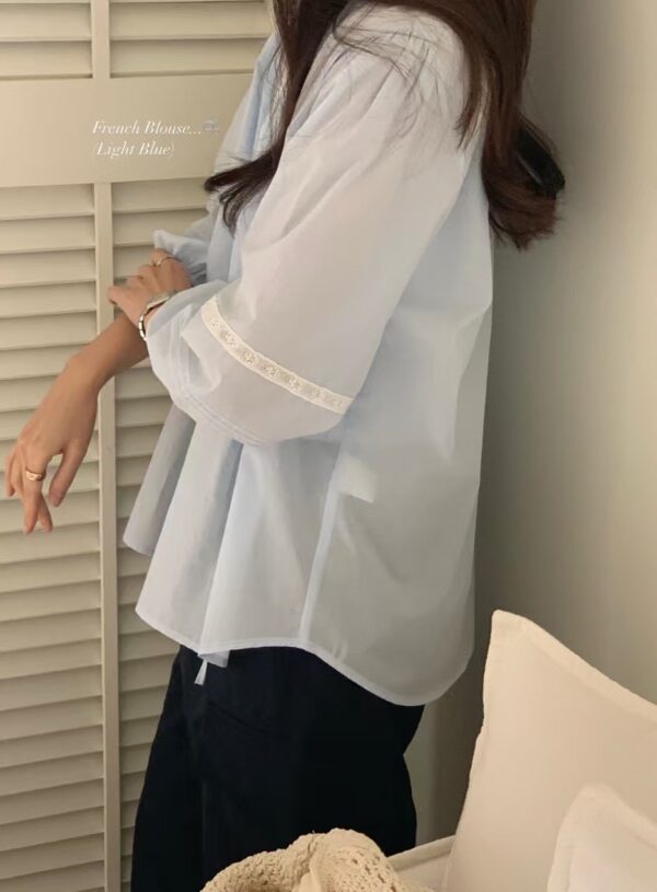 法式浪漫優雅V領七分澎袖襯衫