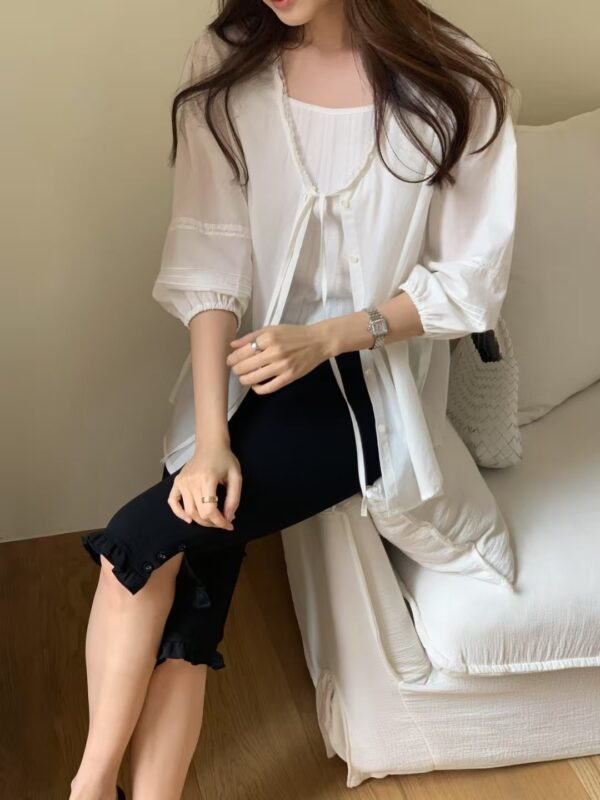 法式浪漫優雅V領七分澎袖襯衫