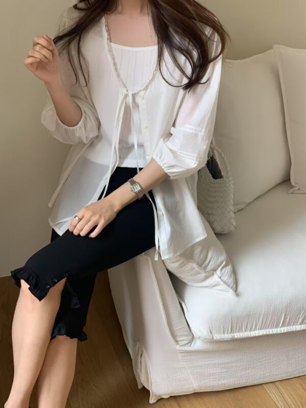 法式浪漫優雅V領七分澎袖襯衫