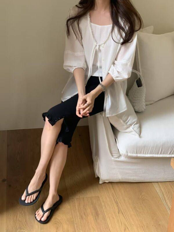 法式浪漫優雅V領七分澎袖襯衫