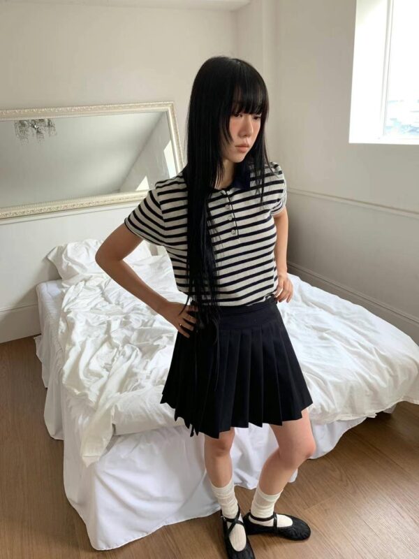 簡單生活短袖翻領條紋合身上衣