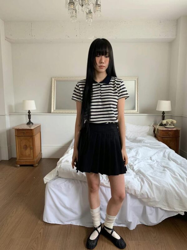 簡單生活短袖翻領條紋合身上衣