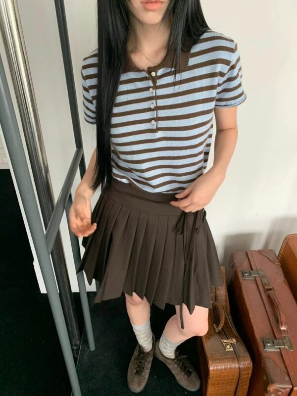 簡單生活短袖翻領條紋合身上衣