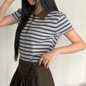 簡單生活短袖翻領條紋合身上衣