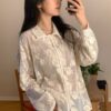 透膚蕾絲翻領長袖襯衫
