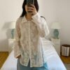 透膚蕾絲翻領長袖襯衫