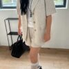 漫光日記直條紋亞麻材質短袖西裝外套