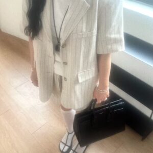 漫光日記直條紋亞麻材質短袖西裝外套