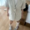 漫光日記直條紋亞麻材質短袖西裝外套