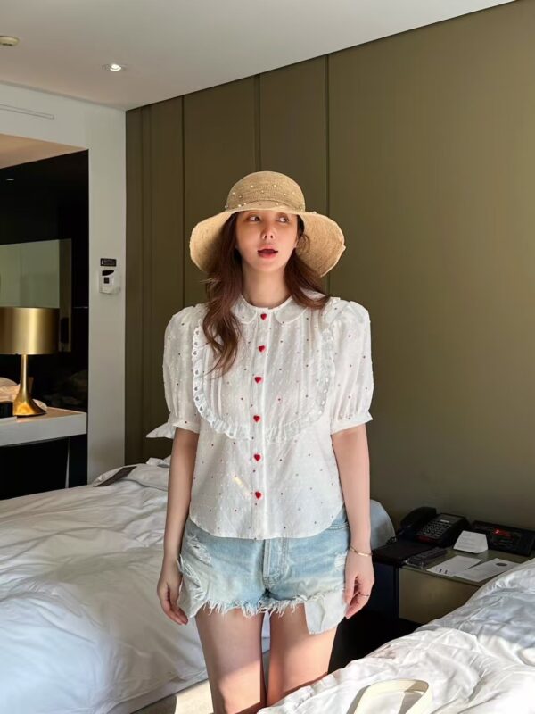 愛心鈕扣點點澎袖短袖襯衫上衣