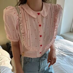 愛心鈕扣點點澎袖短袖襯衫上衣