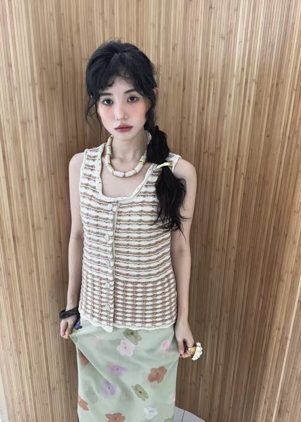 午後香頌小香風精緻鈕扣條紋針織背心