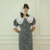 春光甜茶格紋蕾絲領子澎袖洋裝